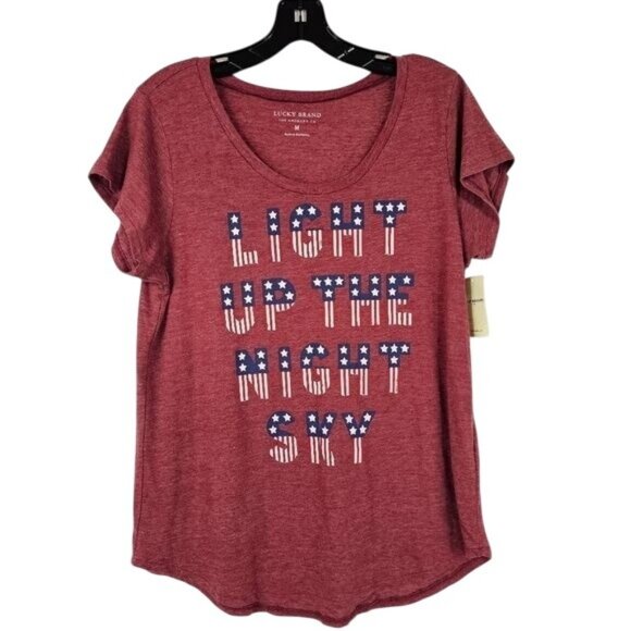 Lucky Brand Heathered Pink Patriotic Tshirt Sz M Scoop Neck Casual Americana USA - Picture 1 of 6